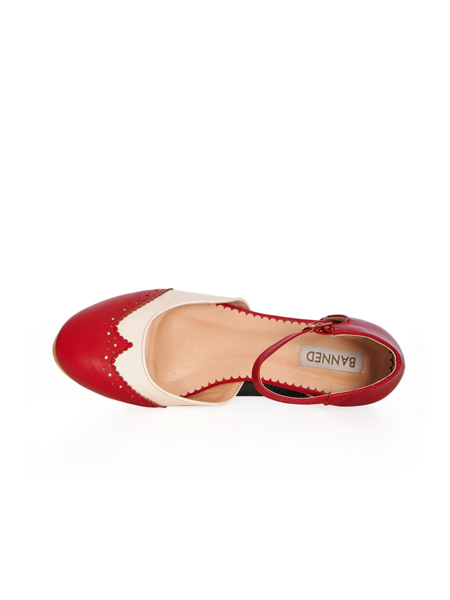 BANNED Retro Dapper Dancemates Flats Retro Two-Tone Brogue Sandals With Hidden Wedge & Ankle Strap-Red