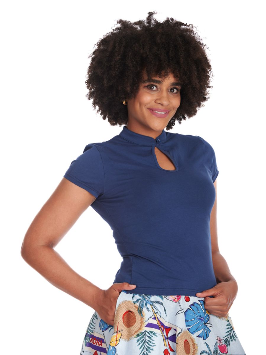 MANDARIN COLLAR TOP Navy