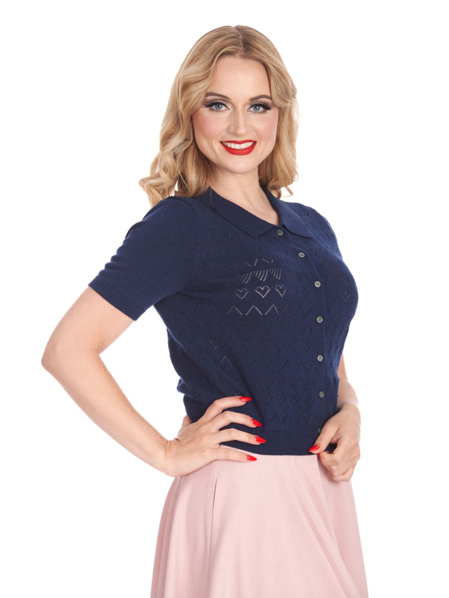 Banned Retro 50s Hearts Waves Cardigan-Navy