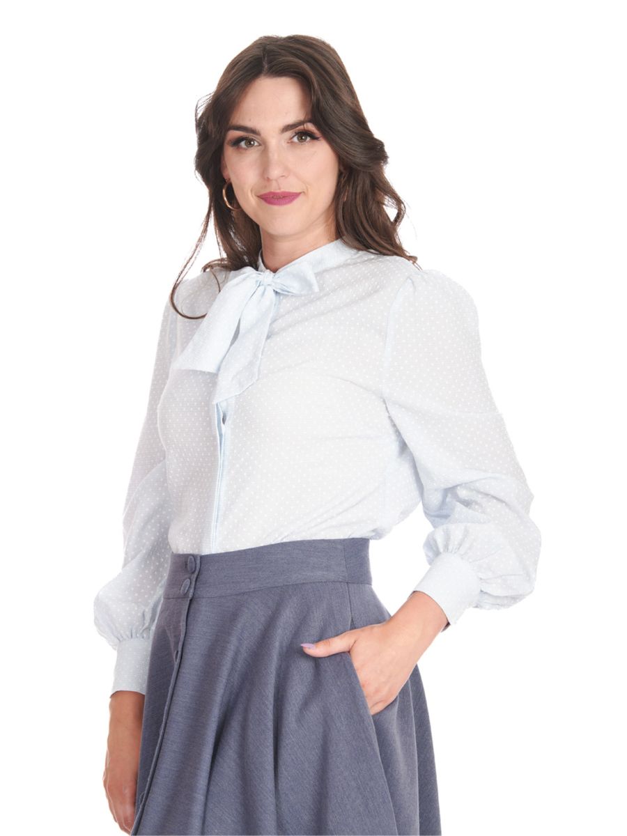 PUSSY BOW LONG SLEEVE BLOUSE IN A TEXTURED WOVEN FABRIC Blue