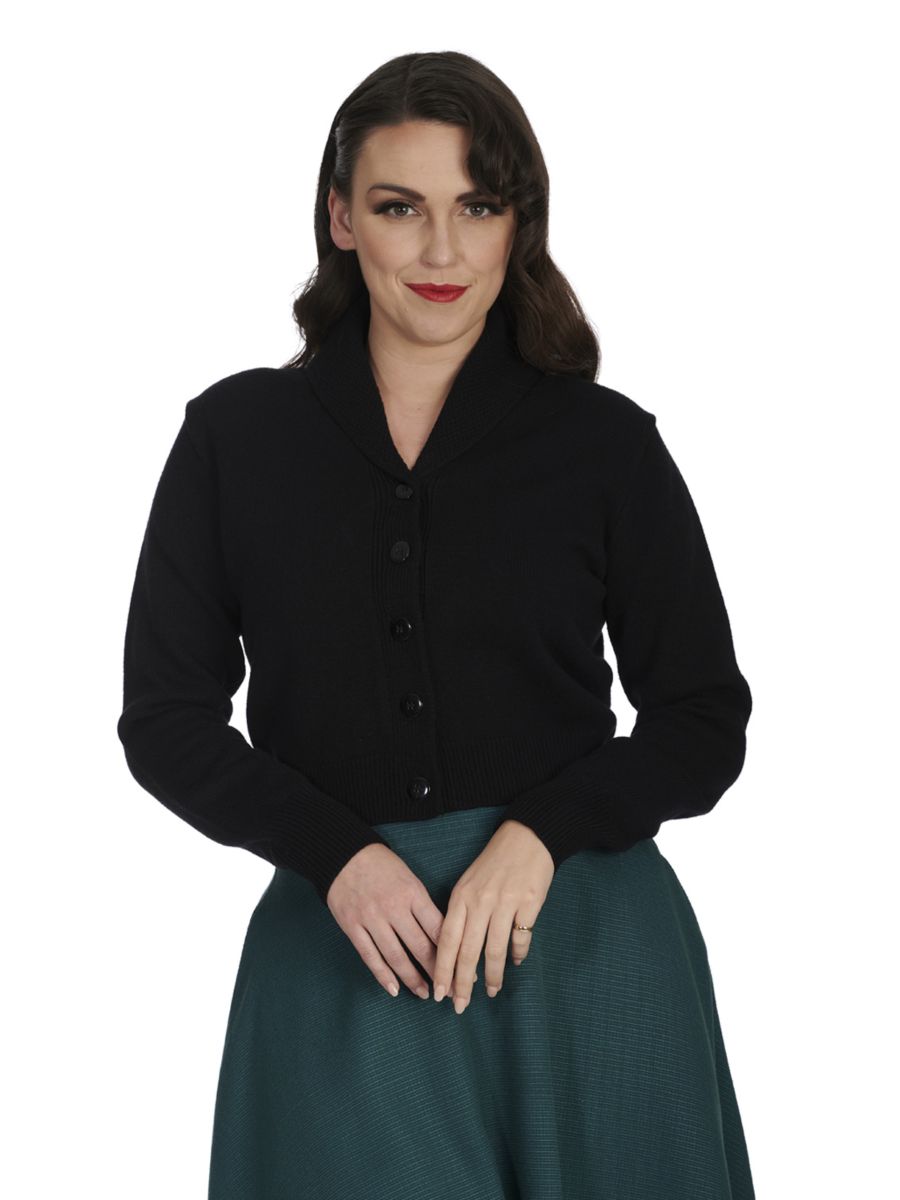 Banned Violet 40s/50s Crop Cardigan - Retro Style Shawl Collar Button-Up-Black
