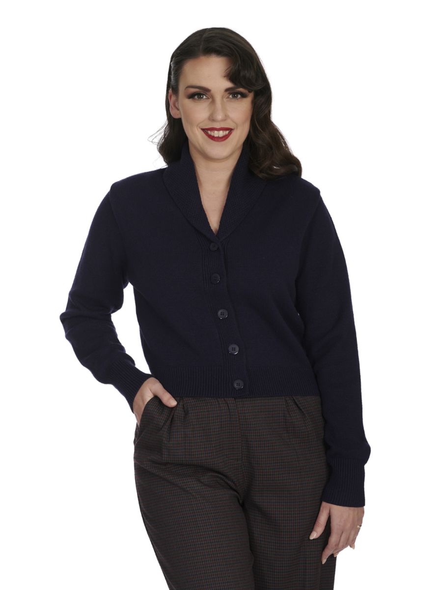 Banned Violet 40s/50s Crop Cardigan - Retro Style Shawl Collar Button-Up-Night Blue