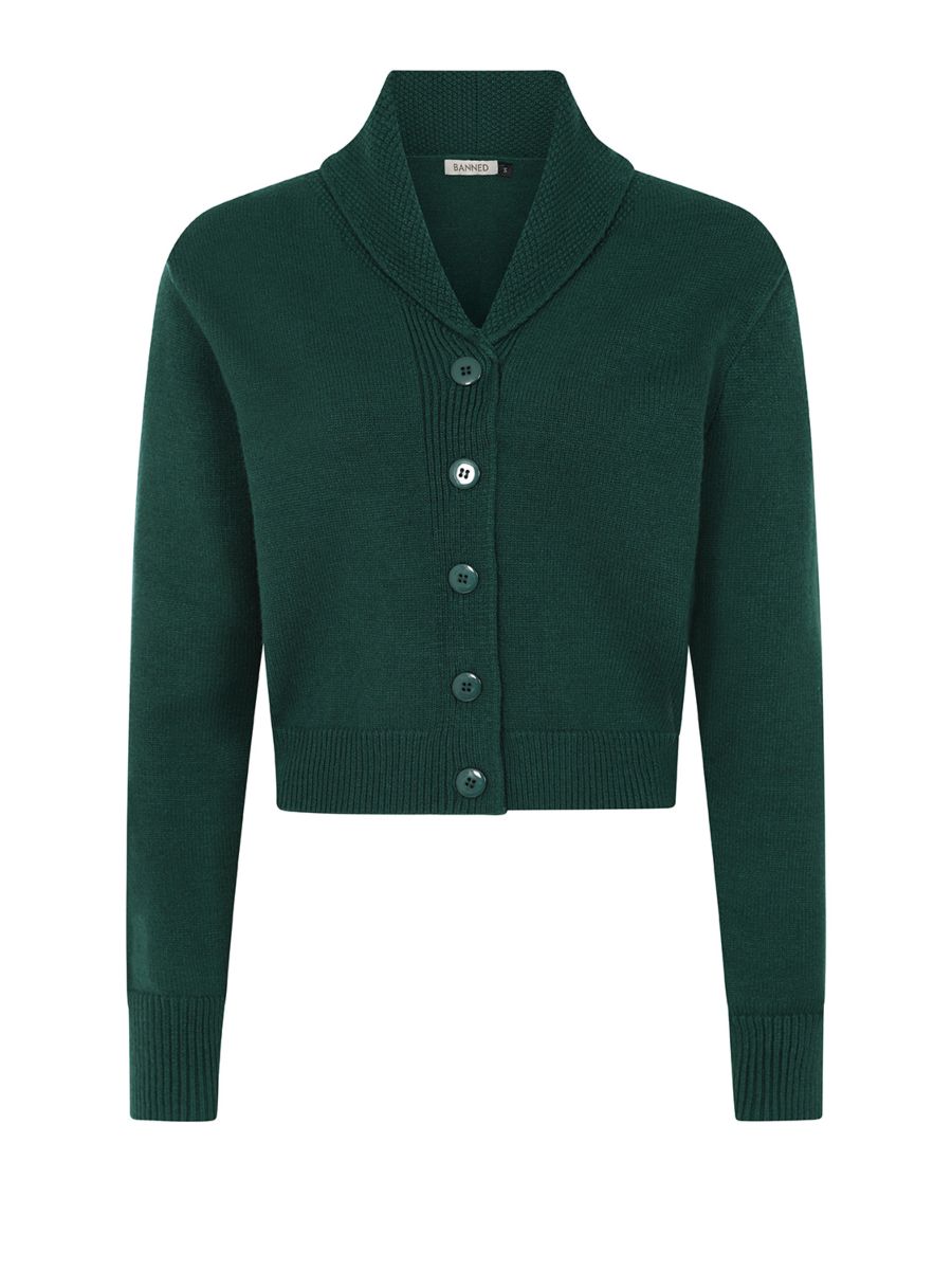 Banned Violet 40s/50s Crop Cardigan - Retro Style Shawl Collar Button-Up-Bottle Green