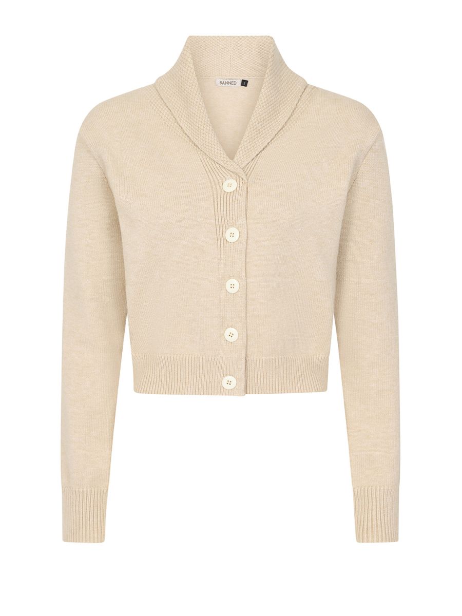 Banned Violet 40s/50s Crop Cardigan - Retro Style Shawl Collar Button-Up-Ivory