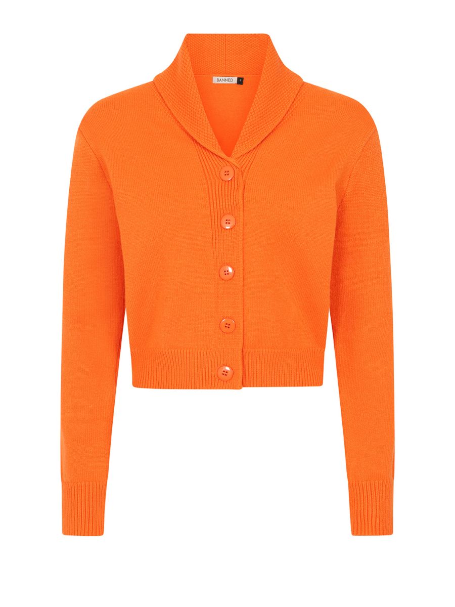 Banned Violet 40s/50s Crop Cardigan - Retro Style Shawl Collar Button-Up-Pumpkin Orange