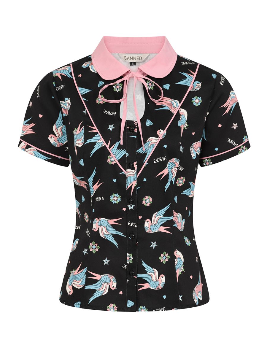 MARILOU SWALLOWS CONTRAST COLLAR BLOUSE Black