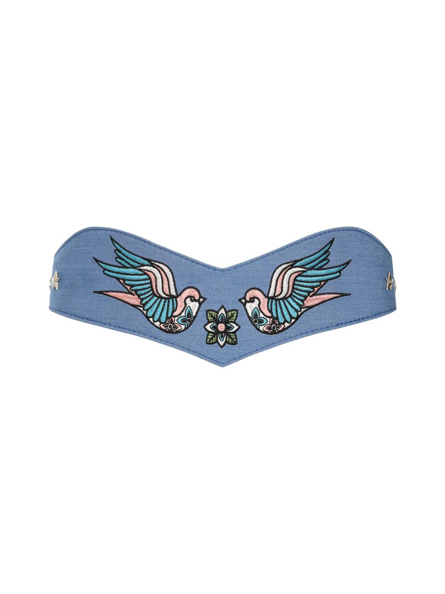 BANNED Marilou Swallow Belt   Retro Embroidered Denim Belt with Swallow Design Blue