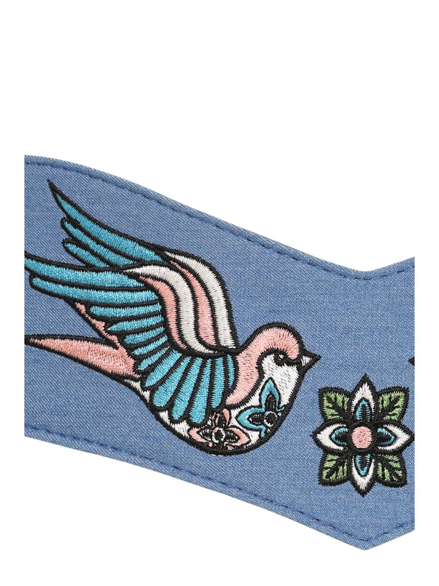 BANNED Marilou Swallow Belt   Retro Embroidered Denim Belt with Swallow Design Blue