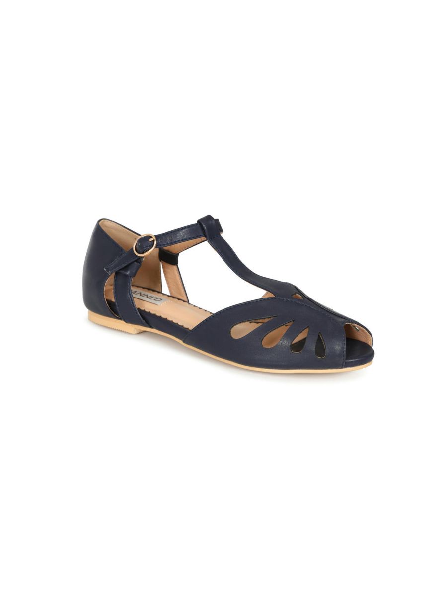 BANNED Retro Secret Love Dapper Sandals Vintage T-Bar Flats With Cut-Out Hearts In Vegan Faux Leather-Navy