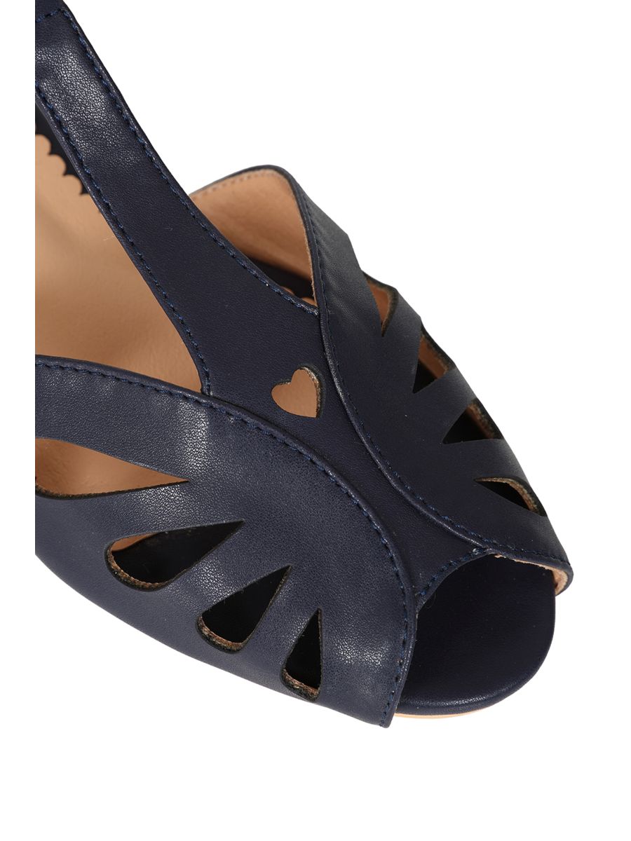 BANNED Retro Secret Love Dapper Sandals Vintage T-Bar Flats With Cut-Out Hearts In Vegan Faux Leather-Navy