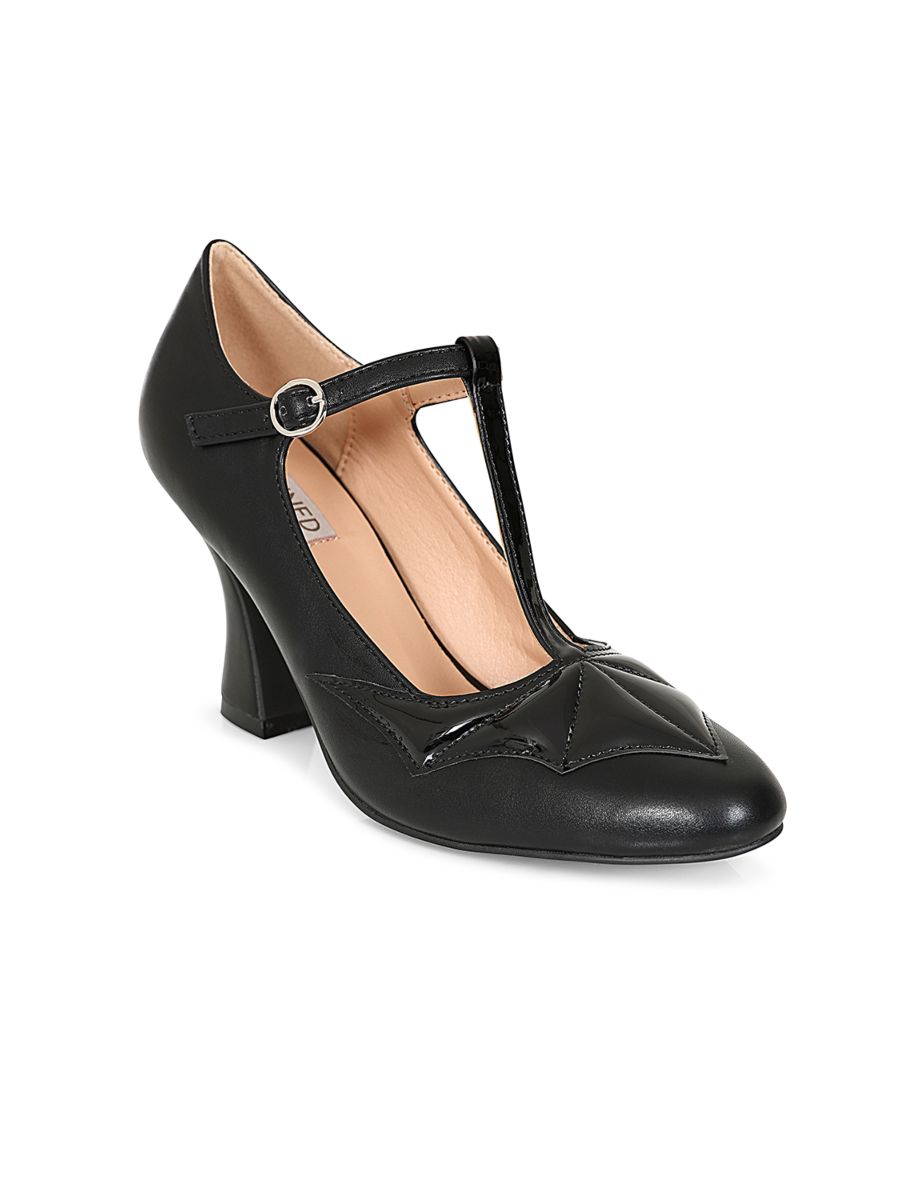 Elvira T-Strap banned Heels - 1950's Inspired Batwing Pump with Shimmering Faux Leather-Black