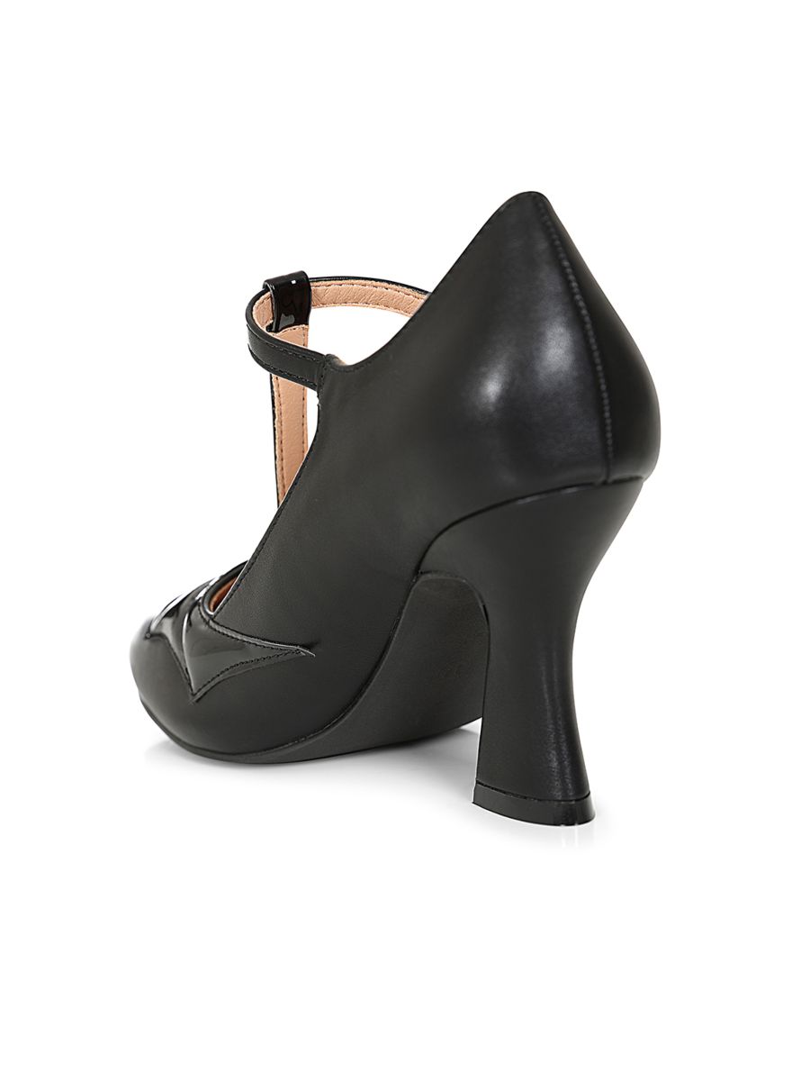 Elvira T-Strap banned Heels - 1950's Inspired Batwing Pump with Shimmering Faux Leather-Black