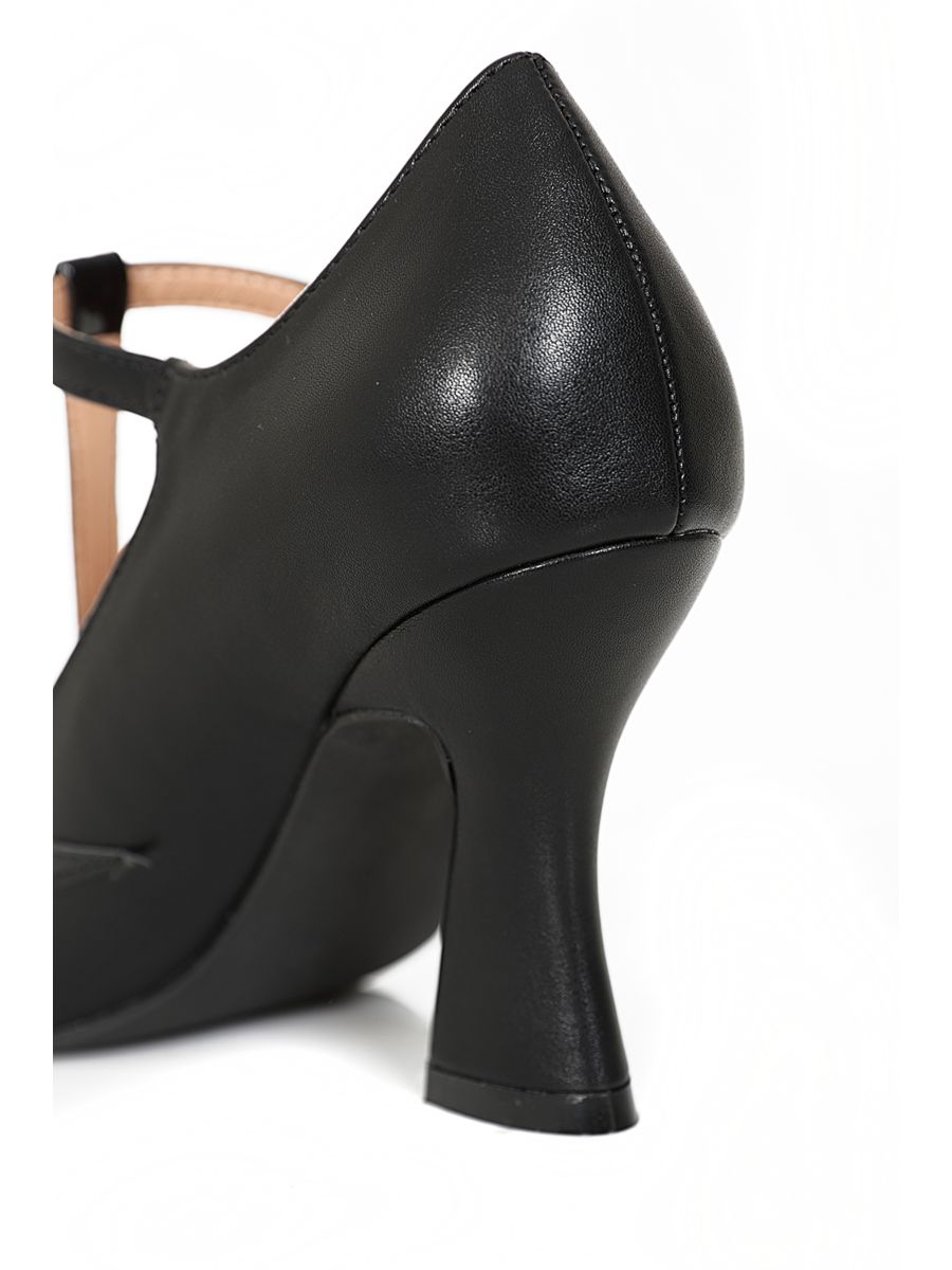 Elvira T-Strap banned Heels - 1950's Inspired Batwing Pump with Shimmering Faux Leather-Black