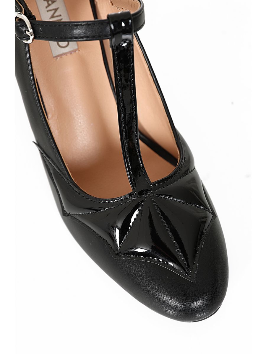 Elvira T-Strap banned Heels - 1950's Inspired Batwing Pump with Shimmering Faux Leather-Black