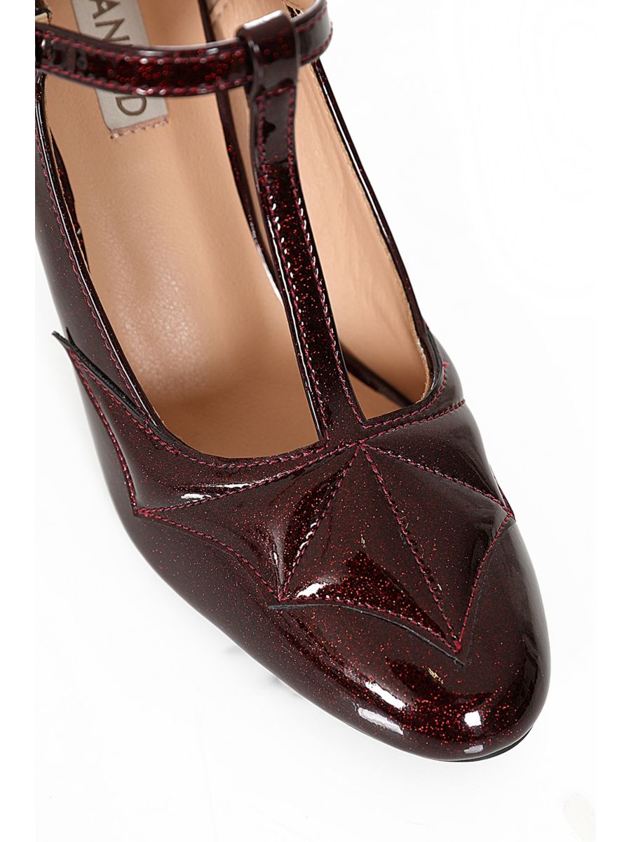 Elvira T-Strap banned Heels - 1950's Inspired Batwing Pump with Shimmering Faux Leather-Burgundy