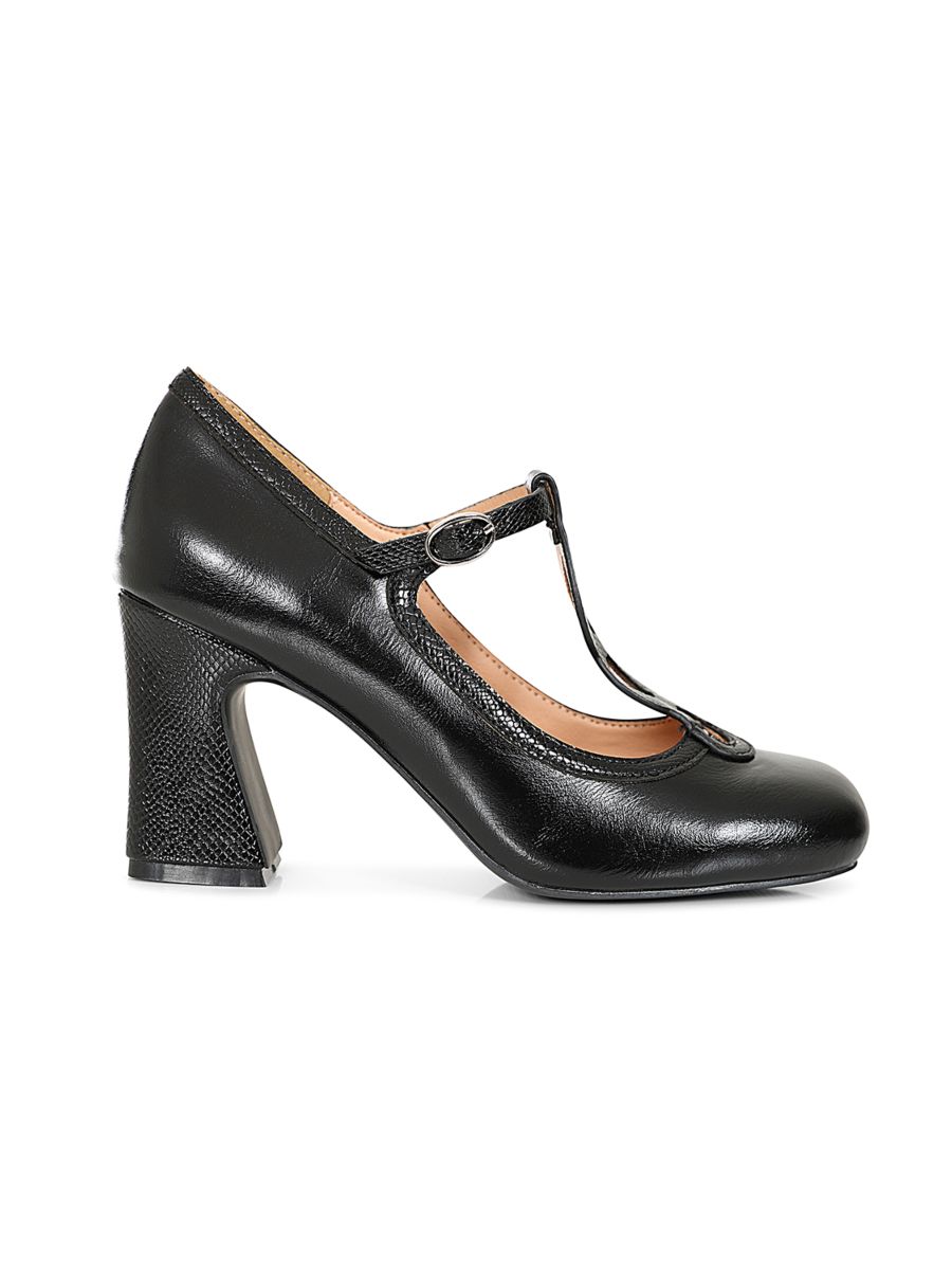 1960's Inspired T-Strap Heels with Piton & Lacquer Faux Leather-Black