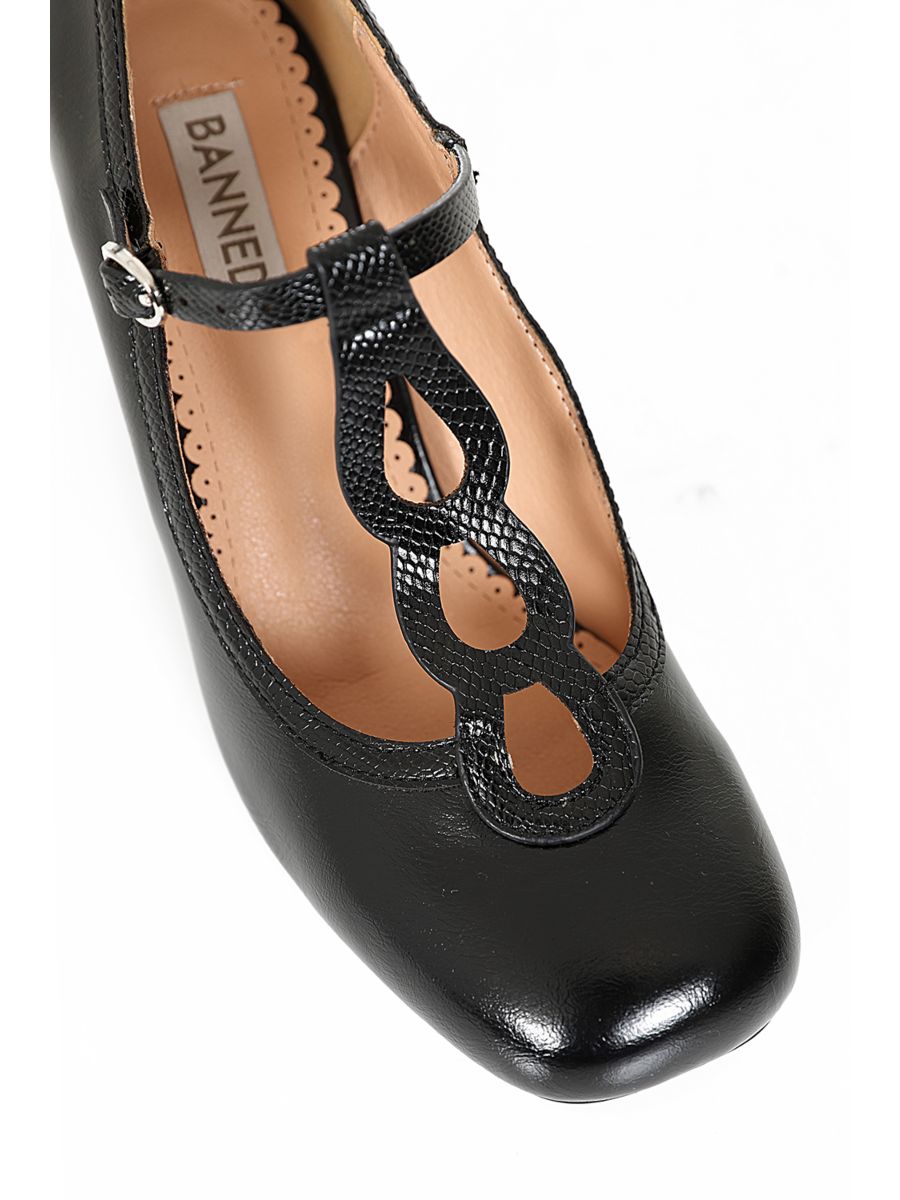 1960's Inspired T-Strap Heels with Piton & Lacquer Faux Leather-Black