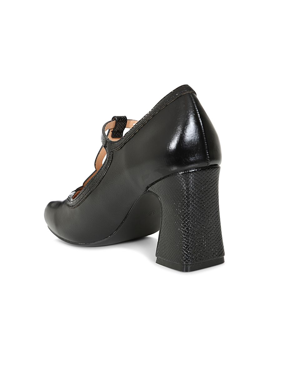 1960's Inspired T-Strap Heels with Piton & Lacquer Faux Leather-Black