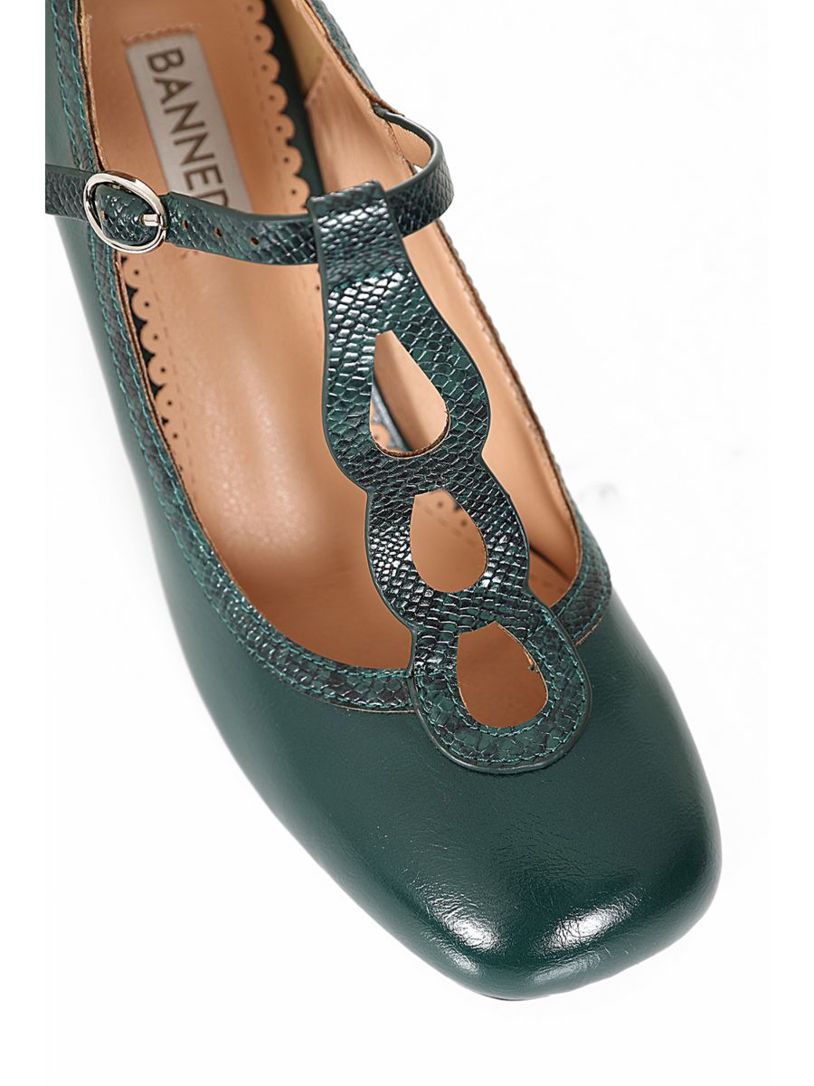 1960's Inspired T-Strap Heels with Piton & Lacquer Faux Leather-Green