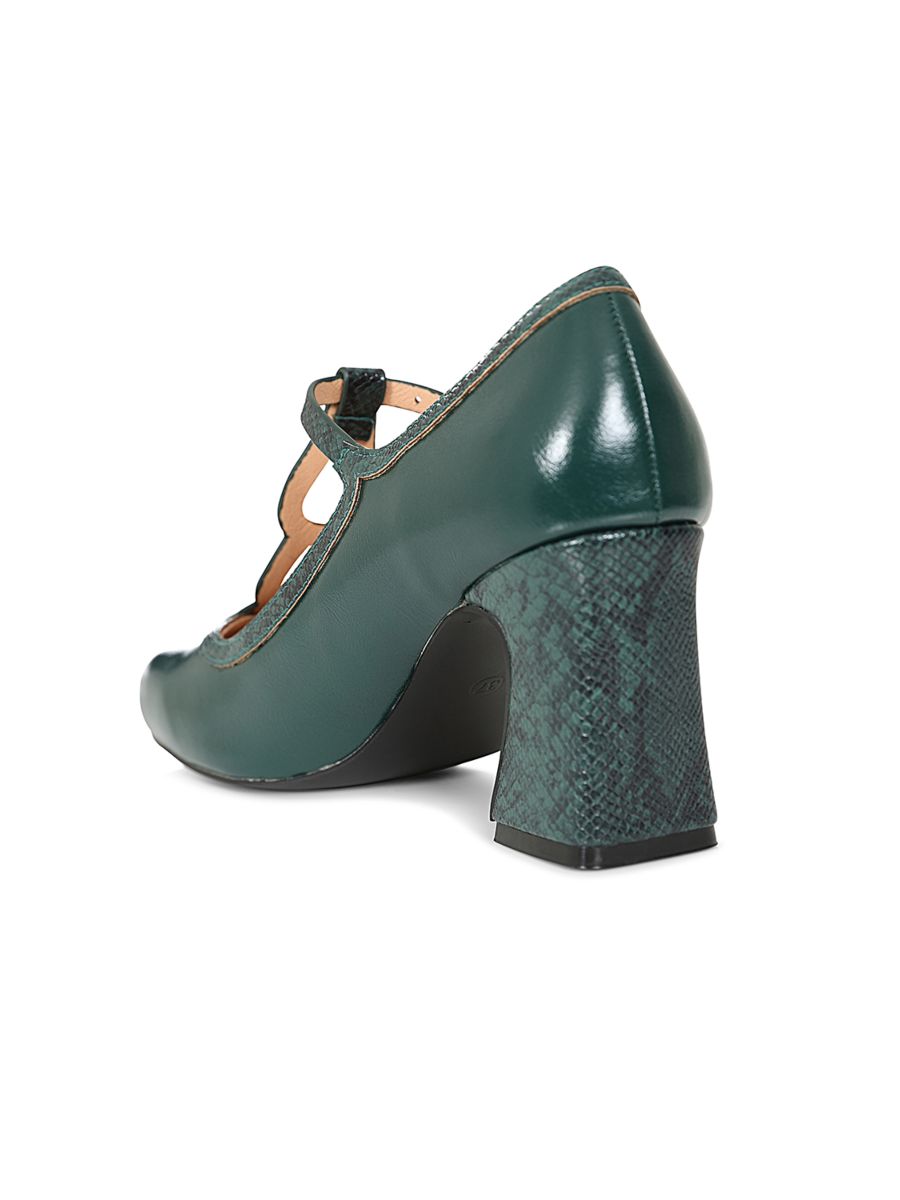 1960's Inspired T-Strap Heels with Piton & Lacquer Faux Leather-Green