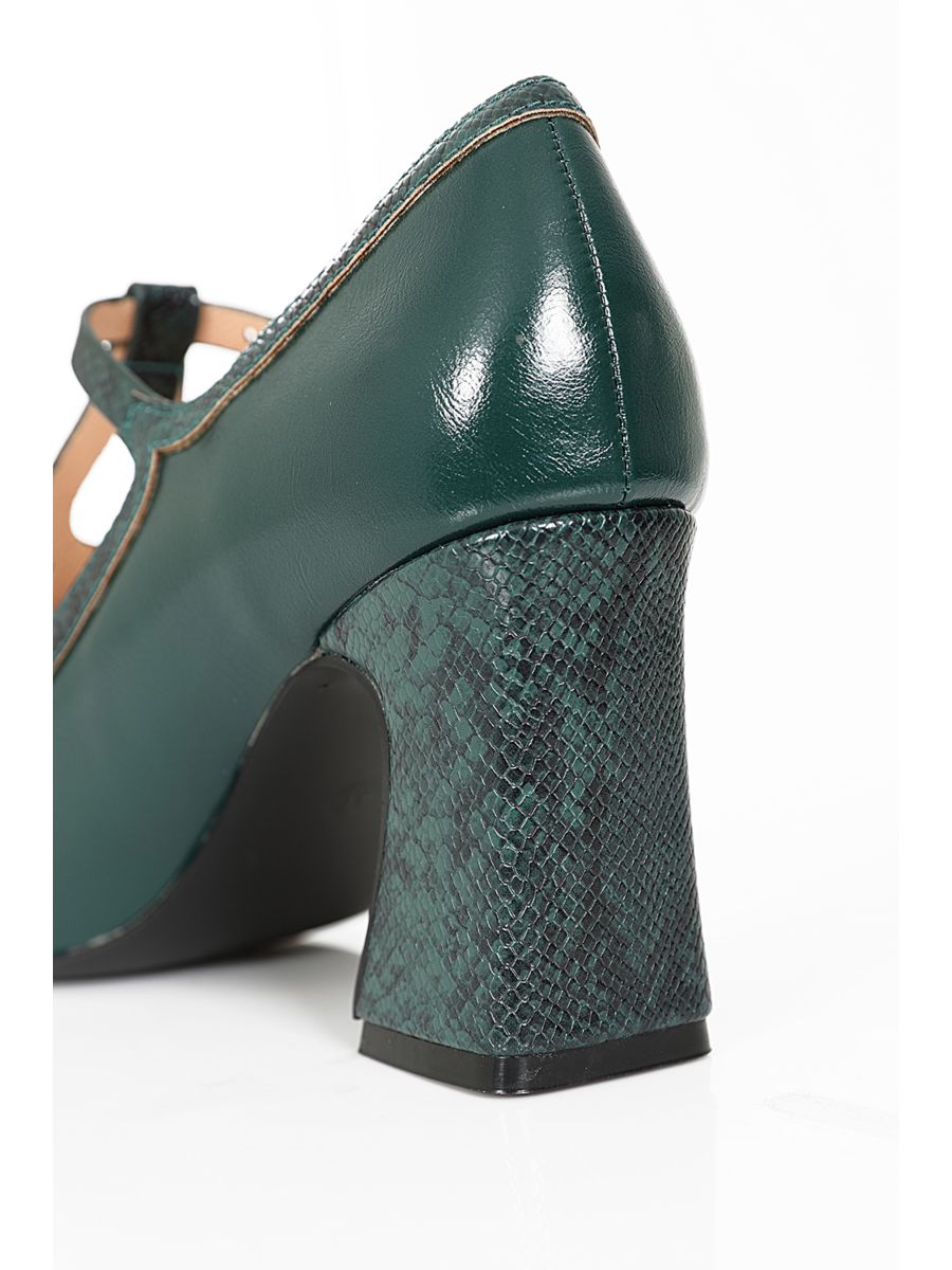 1960's Inspired T-Strap Heels with Piton & Lacquer Faux Leather-Green
