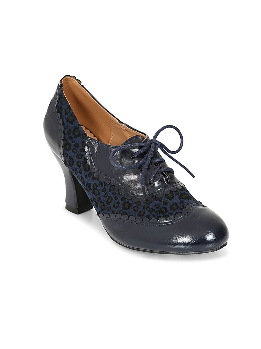 Bertie's Leopard Banned Shoes - 1940's Inspired Laced Low Cut Ankle Bootie with Patent & Microfiber Upper-Navy