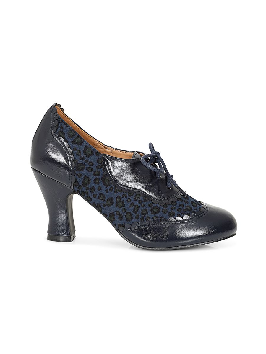 Bertie's Leopard Banned Shoes - 1940's Inspired Laced Low Cut Ankle Bootie with Patent & Microfiber Upper-Navy