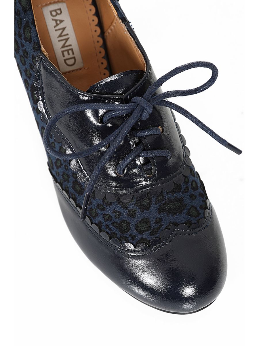 Bertie's Leopard Banned Shoes - 1940's Inspired Laced Low Cut Ankle Bootie with Patent & Microfiber Upper-Navy