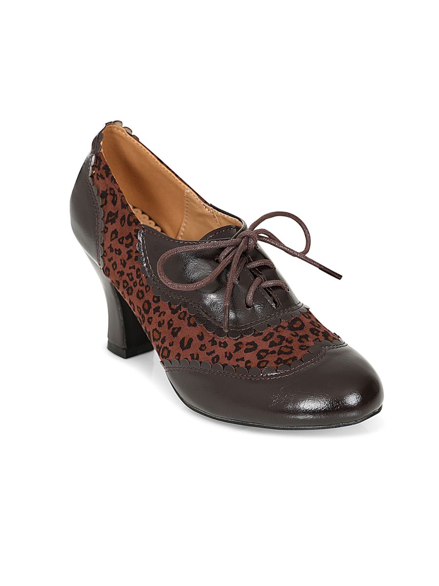 Bertie's Leopard Banned Shoes - 1940's Inspired Laced Low Cut Ankle Bootie with Patent & Microfiber Upper-Brown