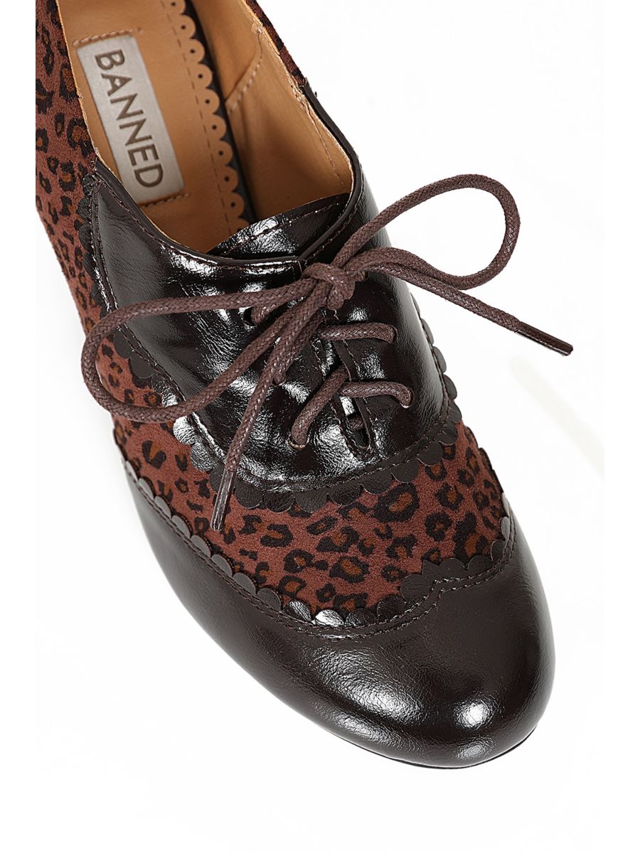 Bertie's Leopard Banned Shoes - 1940's Inspired Laced Low Cut Ankle Bootie with Patent & Microfiber Upper-Brown