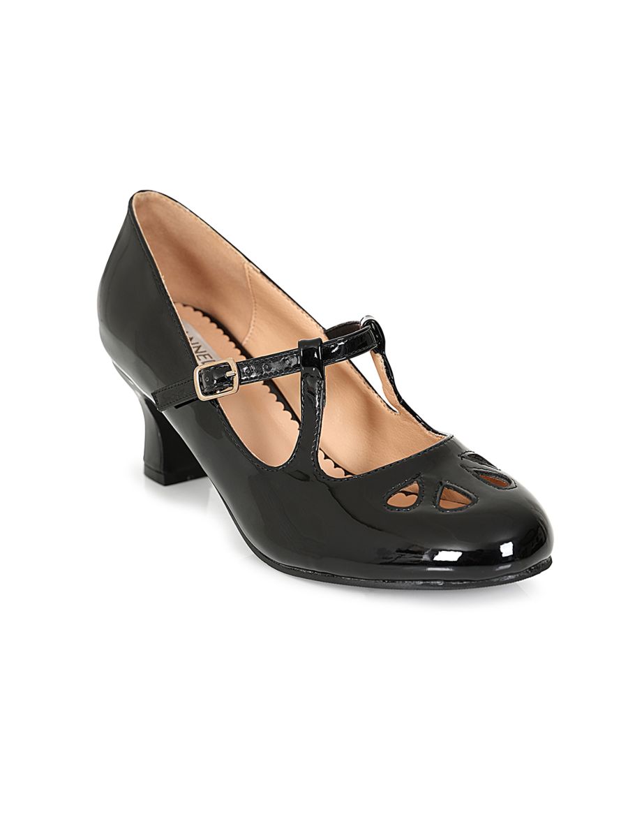Glamour in Time Banned Mary Janes - 1940's Inspired Cut-Out Mary Jane Heels with Faux Leather Upper-Black
