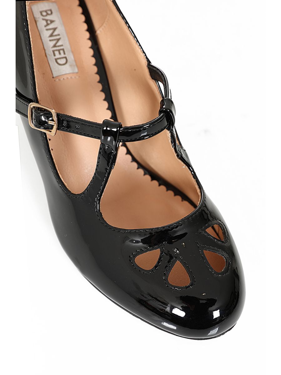Glamour in Time Banned Mary Janes - 1940's Inspired Cut-Out Mary Jane Heels with Faux Leather Upper-Black