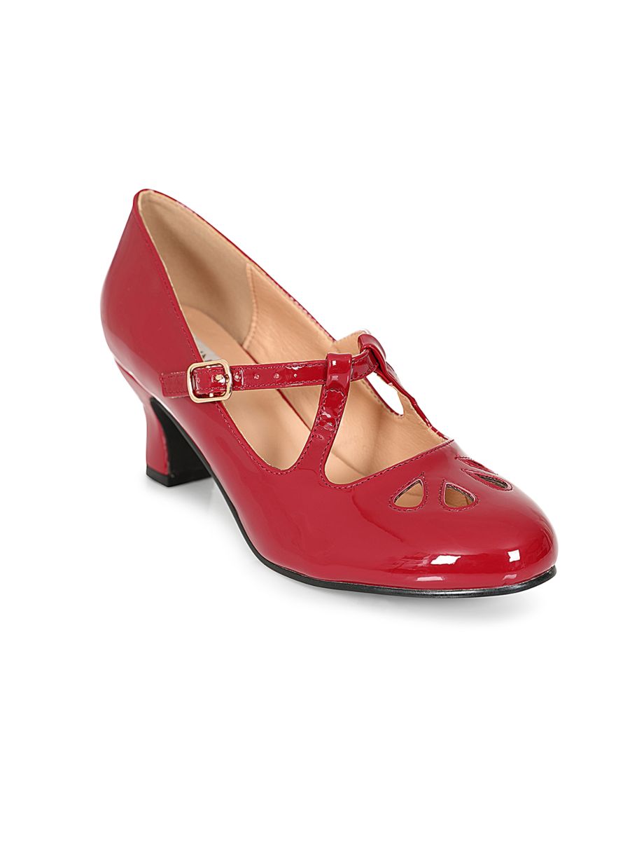 Glamour in Time Banned Mary Janes - 1940's Inspired Cut-Out Mary Jane Heels with Faux Leather Upper-Burgundy