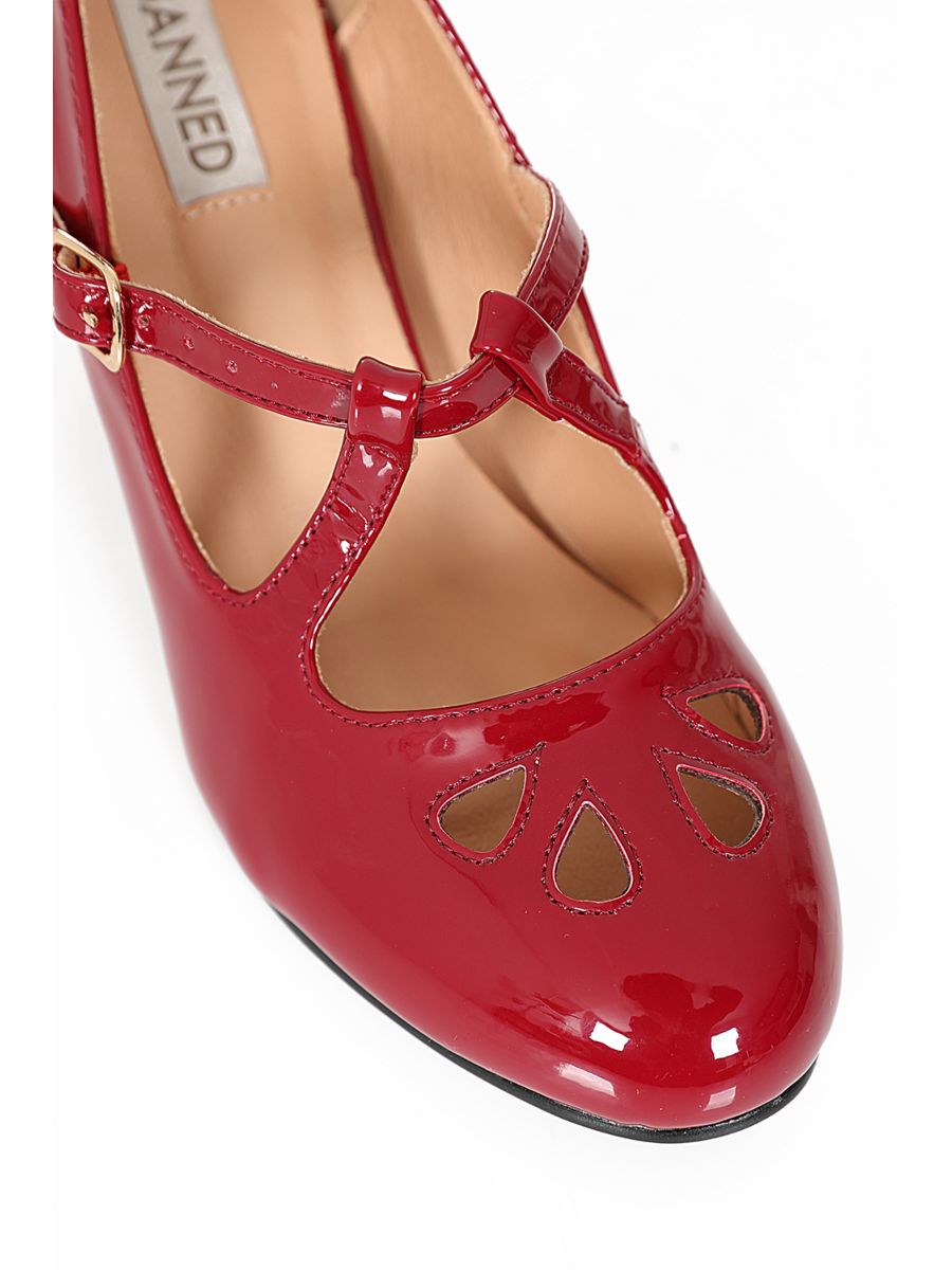 Glamour in Time Banned Mary Janes - 1940's Inspired Cut-Out Mary Jane Heels with Faux Leather Upper-Burgundy
