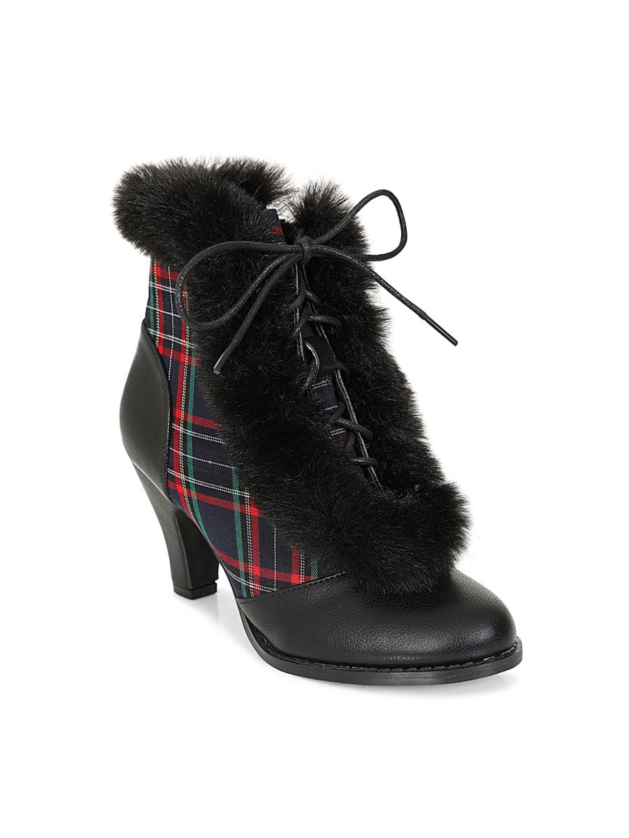 Chic Charlotte Banned Booties - Retro-Inspired Tartan & Fur Booties with Faux Leather Upper-Black