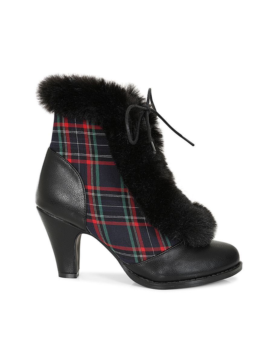 Chic Charlotte Banned Booties - Retro-Inspired Tartan & Fur Booties with Faux Leather Upper-Black