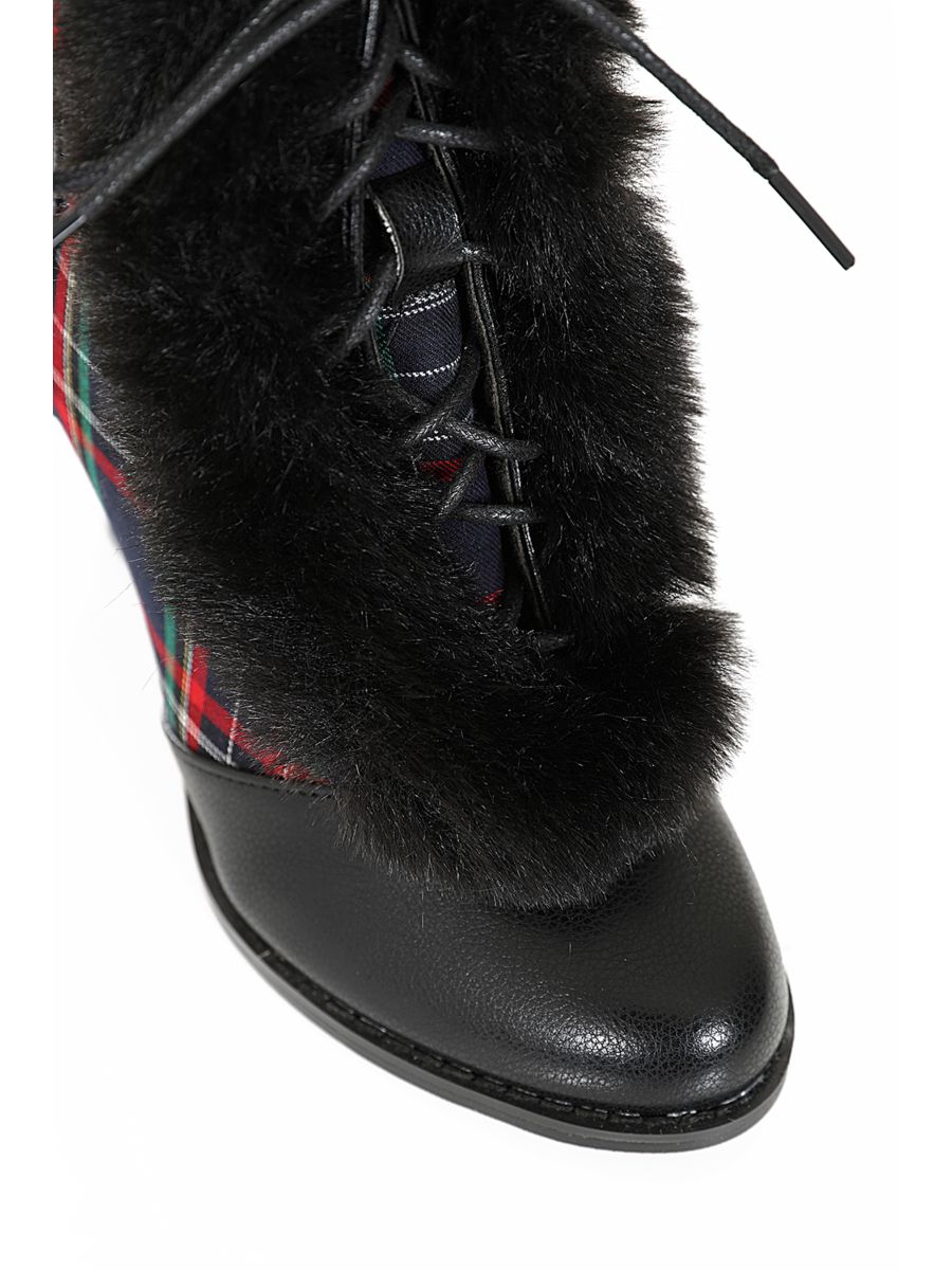 Chic Charlotte Banned Booties - Retro-Inspired Tartan & Fur Booties with Faux Leather Upper-Black