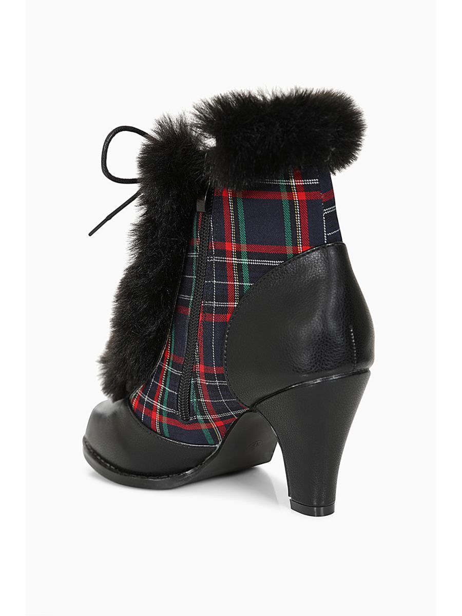 Chic Charlotte Banned Booties - Retro-Inspired Tartan & Fur Booties with Faux Leather Upper-Black