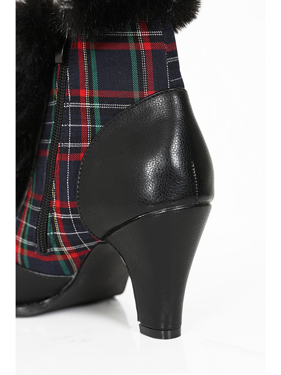 Chic Charlotte Banned Booties - Retro-Inspired Tartan & Fur Booties with Faux Leather Upper-Black