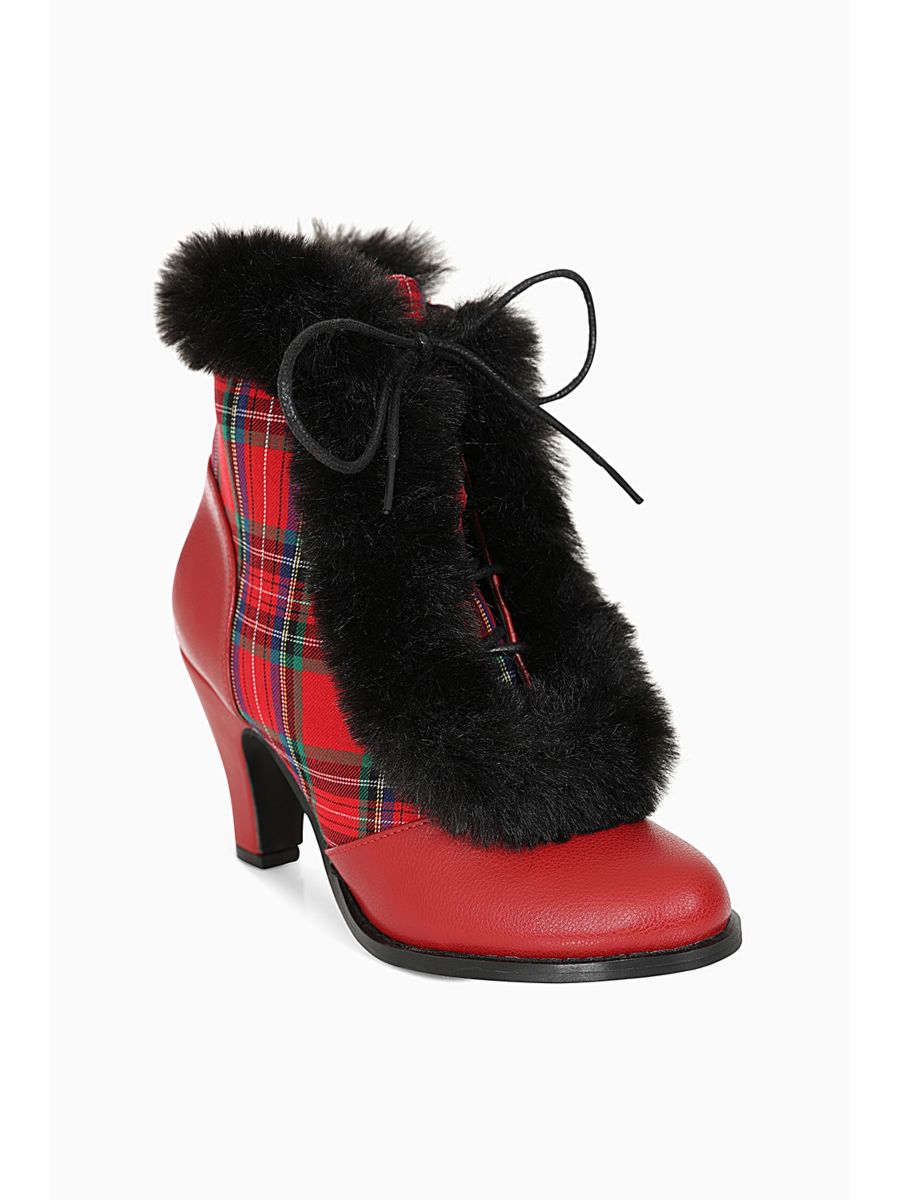Chic Charlotte Banned Booties - Retro-Inspired Tartan & Fur Booties with Faux Leather Upper-Red