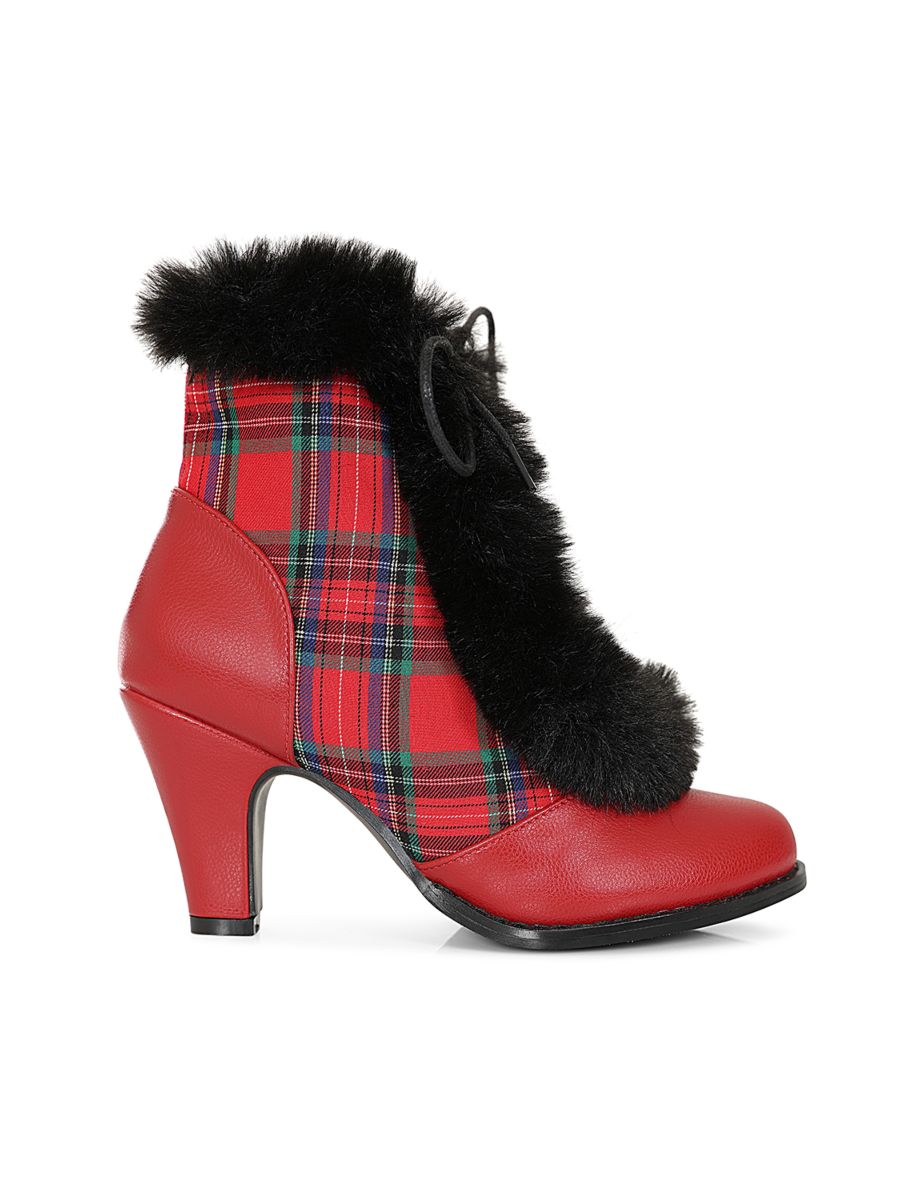 Chic Charlotte Banned Booties - Retro-Inspired Tartan & Fur Booties with Faux Leather Upper-Red