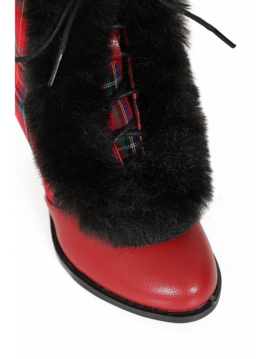 Chic Charlotte Banned Booties - Retro-Inspired Tartan & Fur Booties with Faux Leather Upper-Red