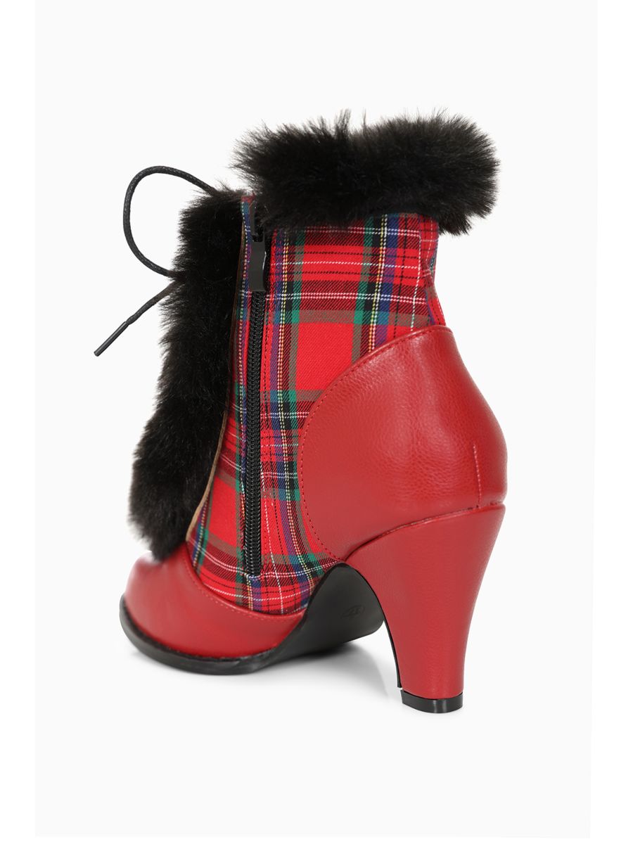 Chic Charlotte Banned Booties - Retro-Inspired Tartan & Fur Booties with Faux Leather Upper-Red