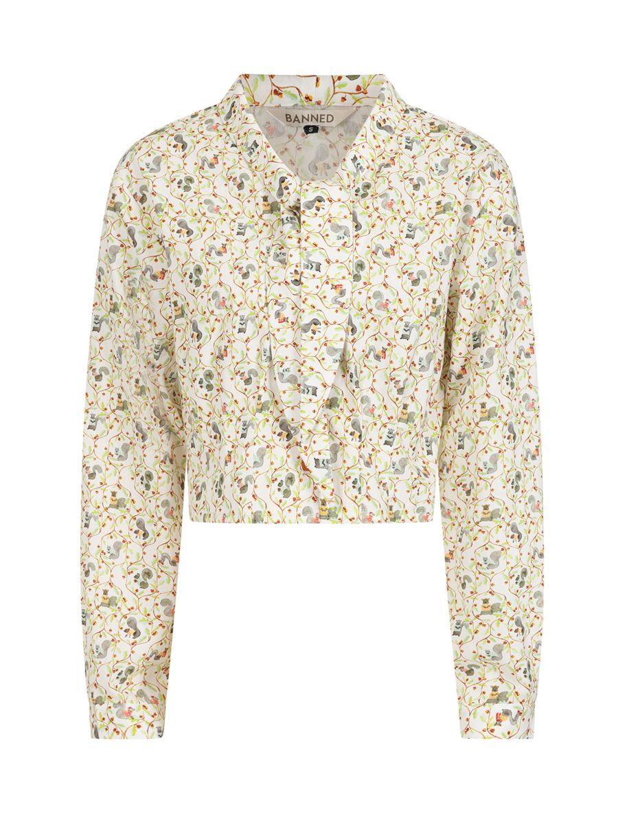 1950's Banned Retro Cherry squirrel white blouse-White