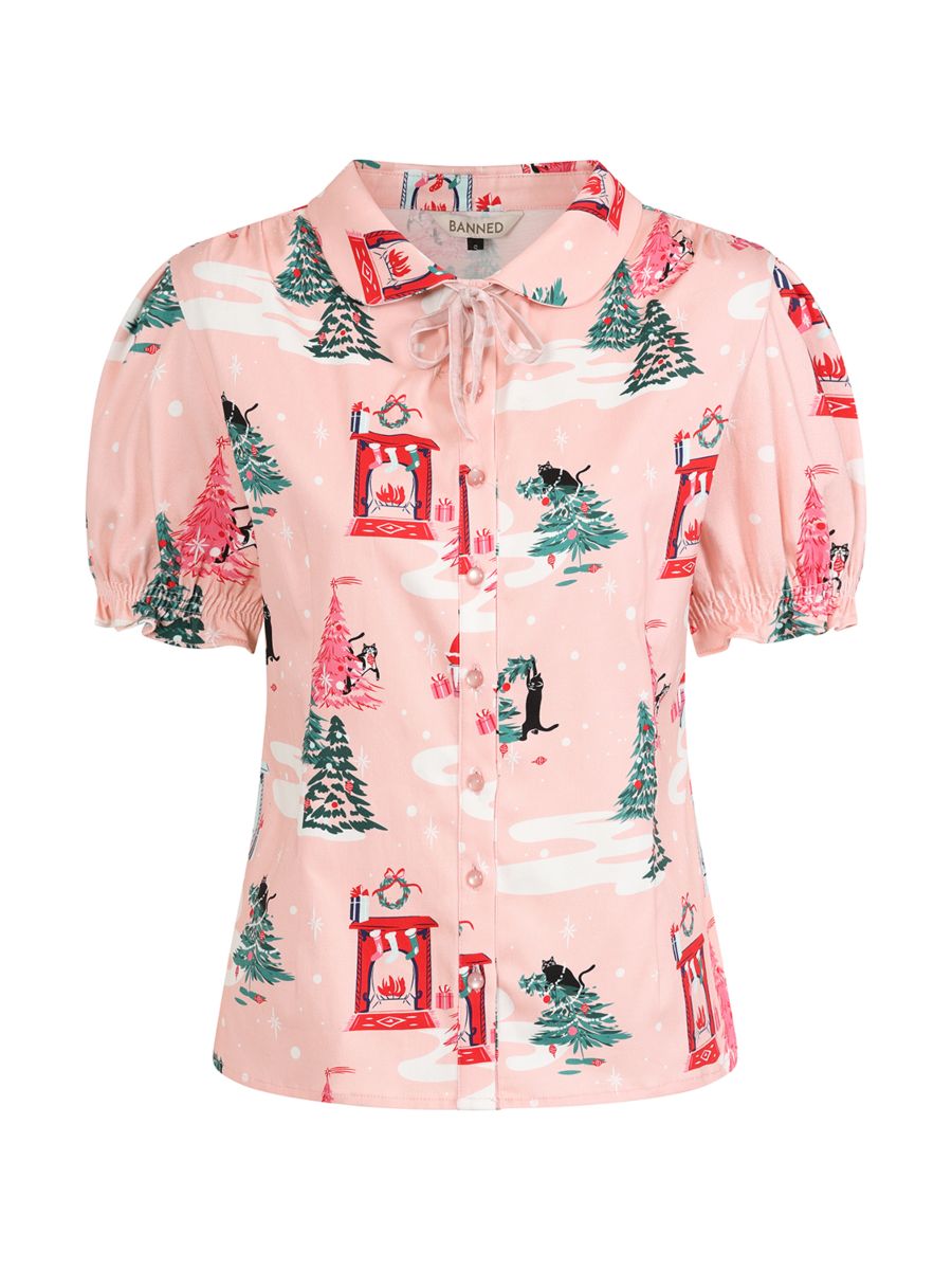 Banned Lilly Purrfect Christmas Blouse - 50s Style Cat Print Peter Pan Collar Top-Pink