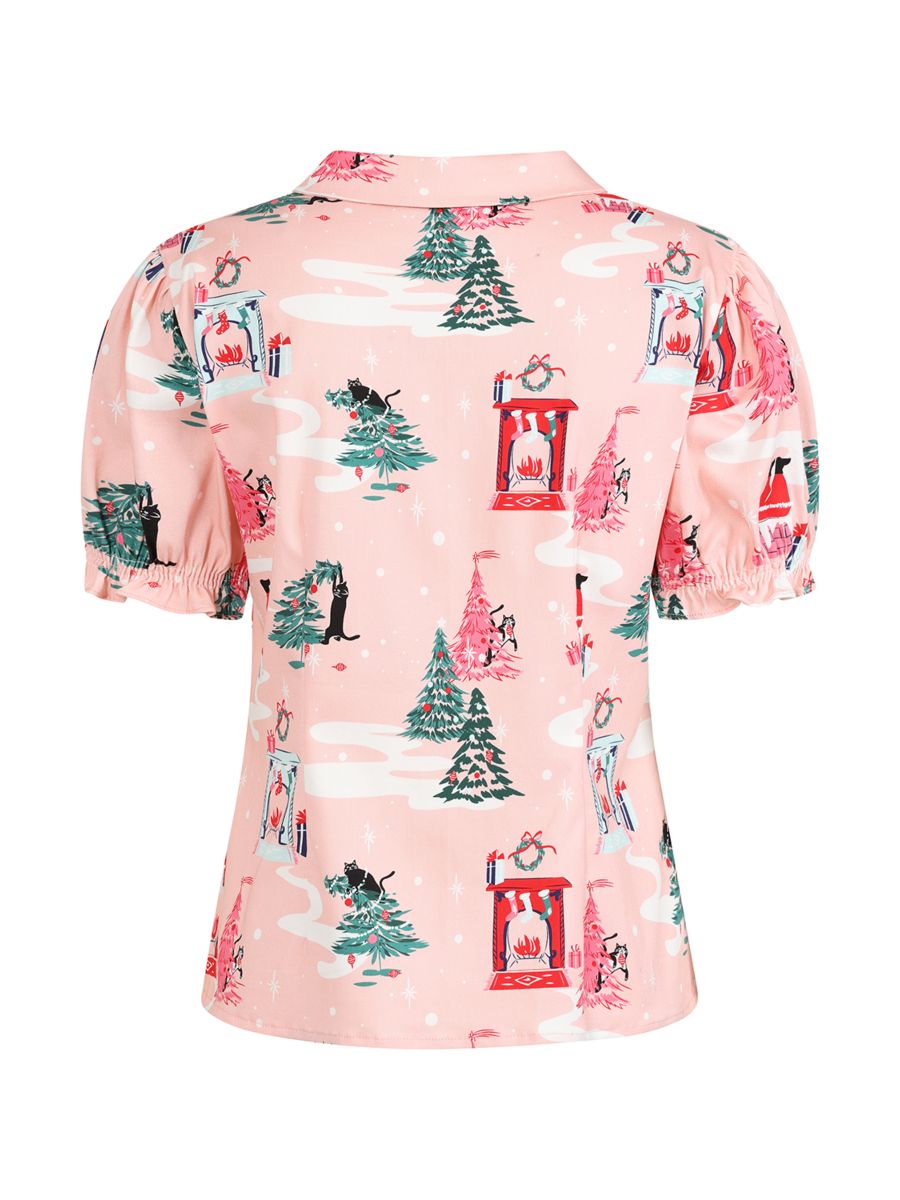 Banned Lilly Purrfect Christmas Blouse - 50s Style Cat Print Peter Pan Collar Top-Pink