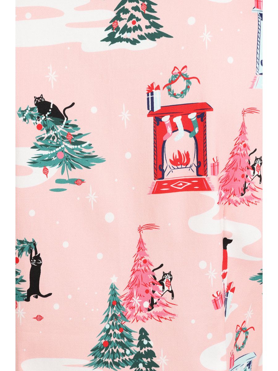 Banned Lilly Purrfect Christmas Blouse - 50s Style Cat Print Peter Pan Collar Top-Pink