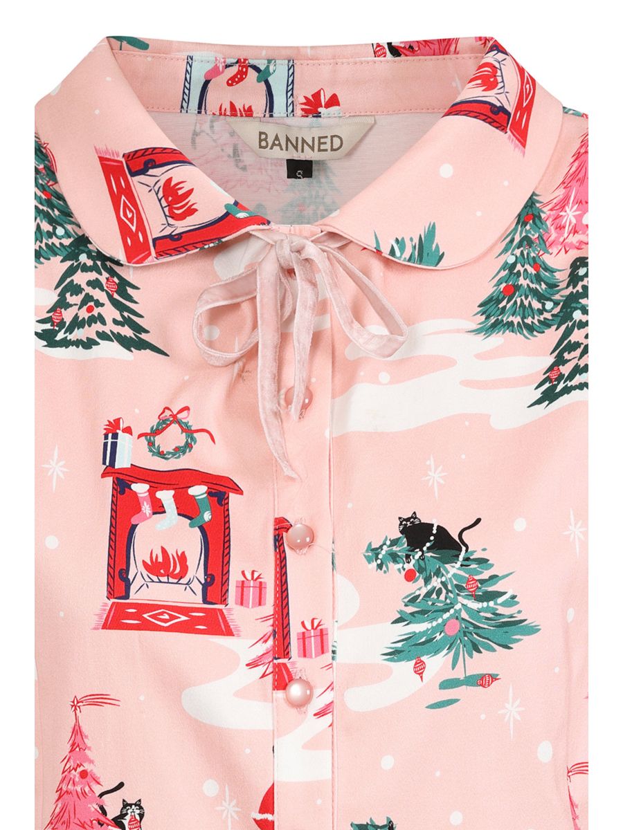 Banned Lilly Purrfect Christmas Blouse - 50s Style Cat Print Peter Pan Collar Top-Pink