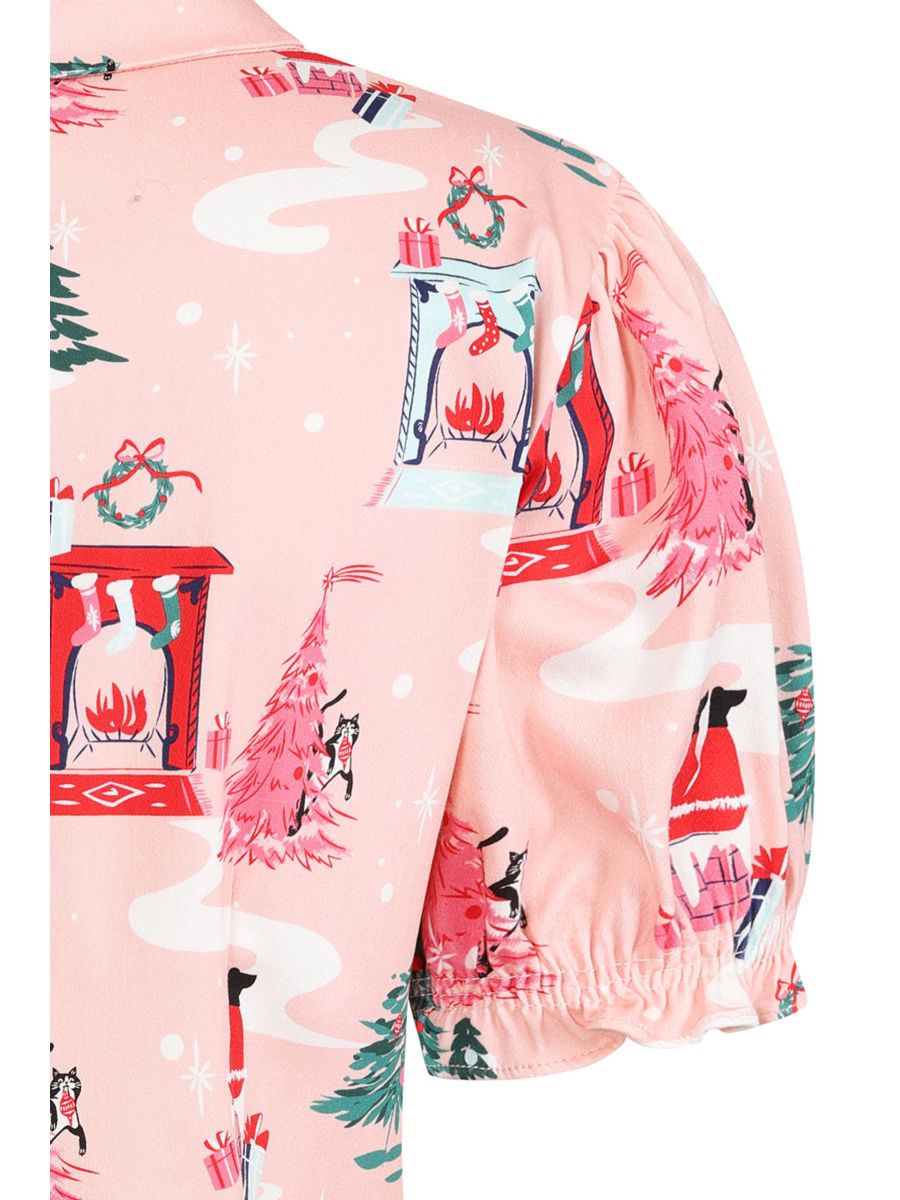 Banned Lilly Purrfect Christmas Blouse - 50s Style Cat Print Peter Pan Collar Top-Pink
