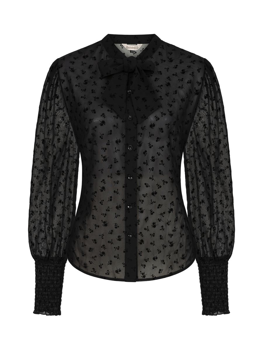 1950's Banned Retro Florence Floral night black blouse-Black